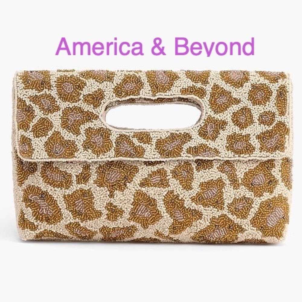America & Beyond Rose Gold Leopard Beaded Clutch with Chain Strap